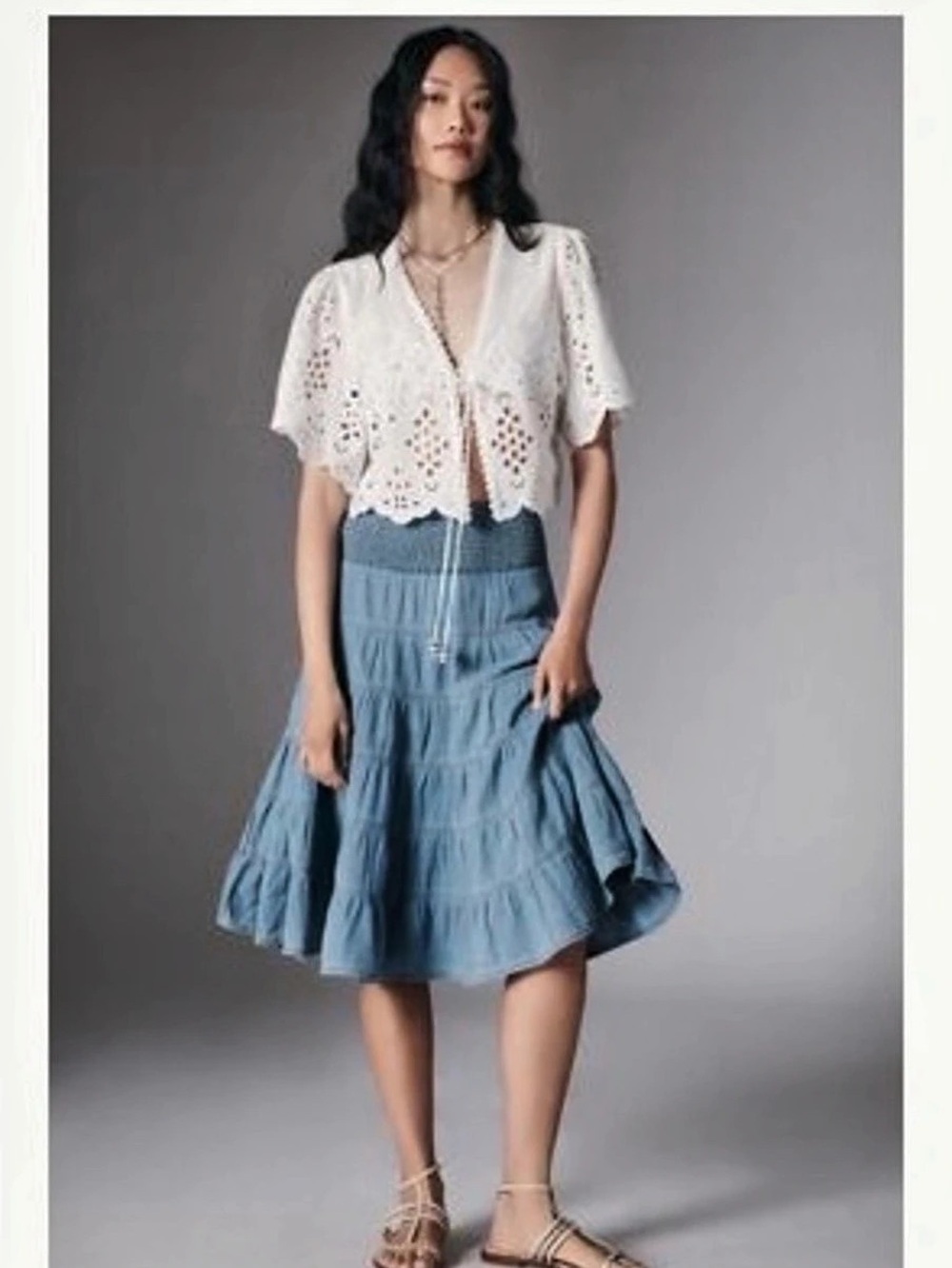 Pilcro Anthropologie Reese Tiered Midi Skirt in Blue Size Small Like New